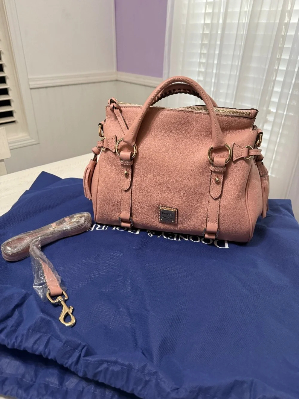 Dooney & Bourke Blush Pink Pebble Leather Satchel With Strap